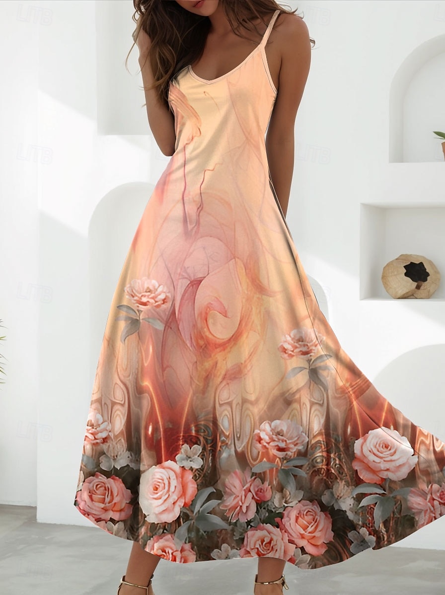Women's Maxi Dress A Line Dress Summer Dress Slip Dress Vacation Casual Daily Regular Fit Floral Graphic Sleeveless V Neck Spaghetti Strap White Blue Orange Summer Spring 2025 - $31.99 –P1