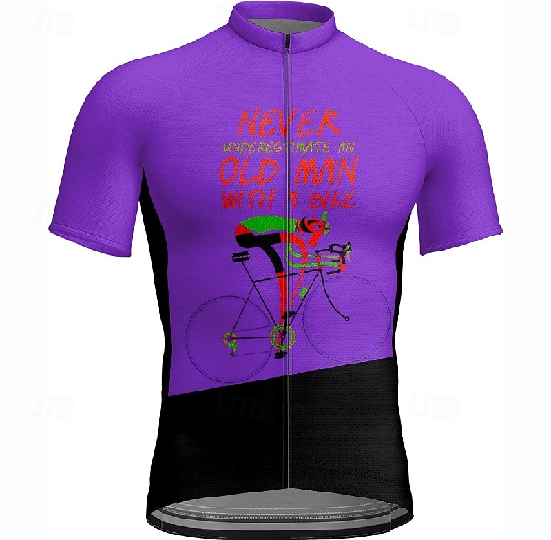 2025年 男性用 サイクリングジャージー 文字&番号 半袖 バイク Tシャツ ジャージー 3つのリアポケット付き マウンテンサイクリング 速乾性 人間工学デザイン ウィッキング 高通気性 スポーツ イエロー ブルー パープル 衣類  コレクション – $25.99 –P16