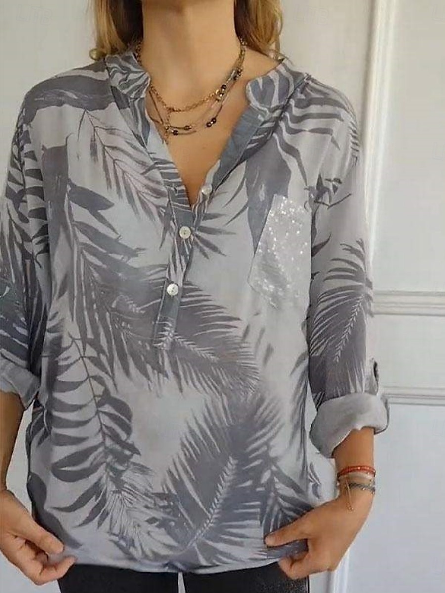 Dame Skjorte Bluse Blad Stilfull Moderne Langermet V-hals Vanlige topper Daglig Ferie Knapper Trykt mønster Hvit Brun Kakifarget Grå Sommer Vår 2025 - $19.49 –P5
