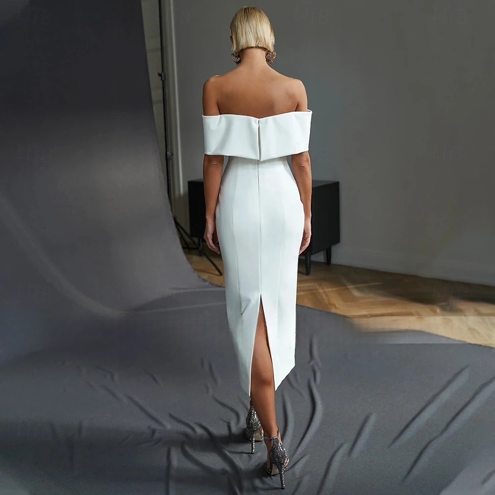 Engagement Little Graduation White Dresses Wedding Dresses Mermaid / Trumpet Off Shoulder Short Sleeve Tea Length Satin Bridal Gowns With Solid Color 2025 2025 - $146.99 –P2