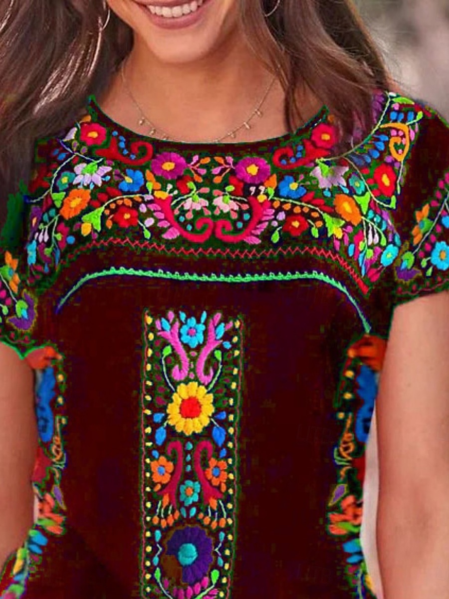 Women's T Shirt Peasant Blouse Floral Bohemia Active Western Short Sleeve Crew Neck Regular Tops Daily Print Black Wine Blue Gray Summer 2025 - $13.99 –P2