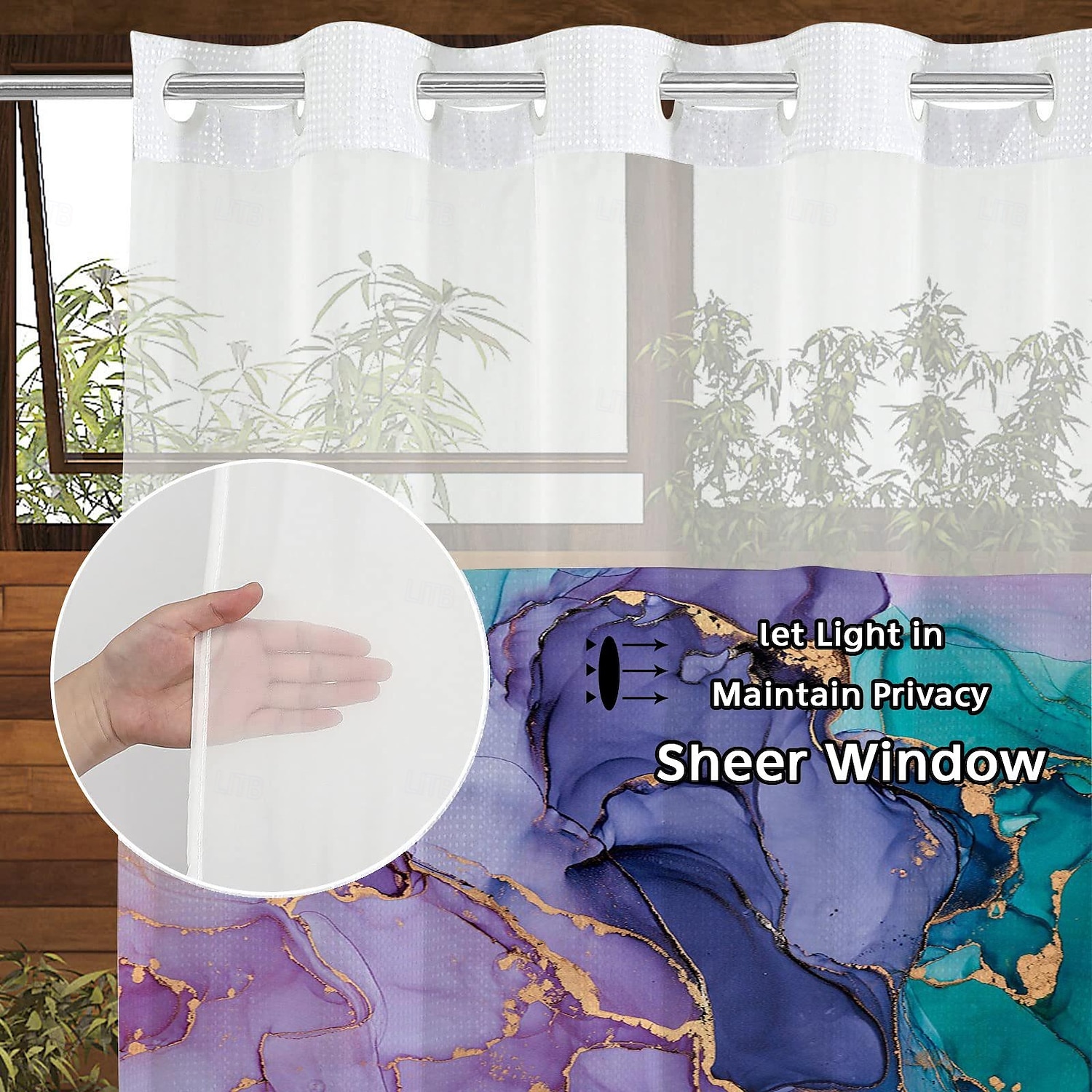 No Hook Shower Curtain 180cm*180cm(70"*70") Leaves Pattern Snap-In Fabric Liner Sheer Top Window Waterproof Double-Layer Bathtub Curtain 2025 - $60.99 –P12