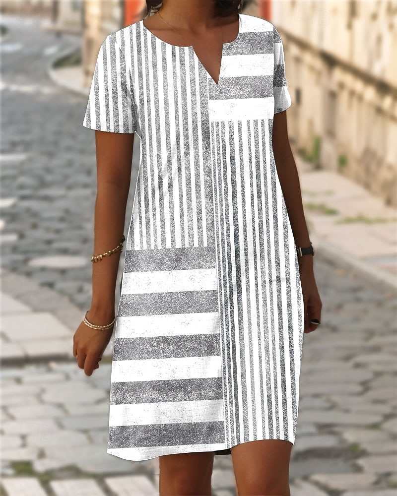 Damen Mini-Kleid Shift Kleid Freizeit Täglich Reguläre Passform Grafik Streifen Kurzarm Eingekerbter Ausschnitt Rosa Blau Grau Sommer Frühling 2025 - $31.99 –P1