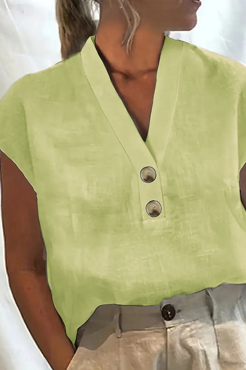 Per donna Misto cotone Blusa Bottoni Semplice Essenziale Moderno Casual Manica Corta Scollo a V Top Regolari Ferie Uscire Bianco Rosa Verde Azzurro Estate del 2026 a $7.49 –P4