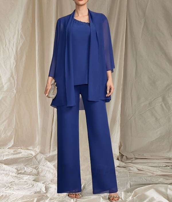 Jumpsuit  Hosenanzug 3-teilig Kleid der Mutter der Braut Hochzeitsgast Elegantes gewelltes Dekolleté bodenlang Chiffon 3/4-lange Ärmel mit Perlen 2025 - $144.99 –P1