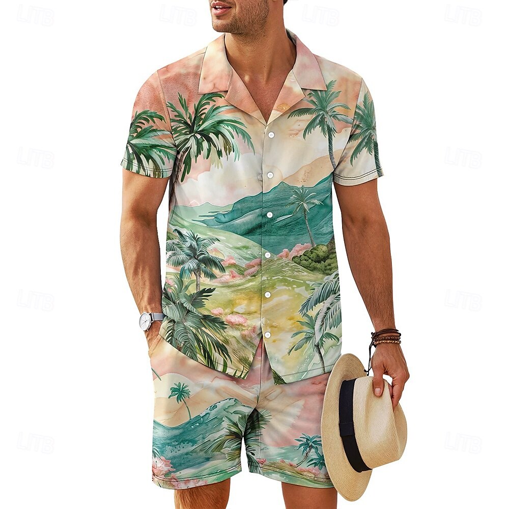 Men's Floral 2pcs Shirts Sets Shirt Short Sleeve Short Pants Cuban Collar Vacation Casual Daily Vacation Wear 3D Print Summer Robin's Egg Blue Green Brown 2025 - $32.99 –P1