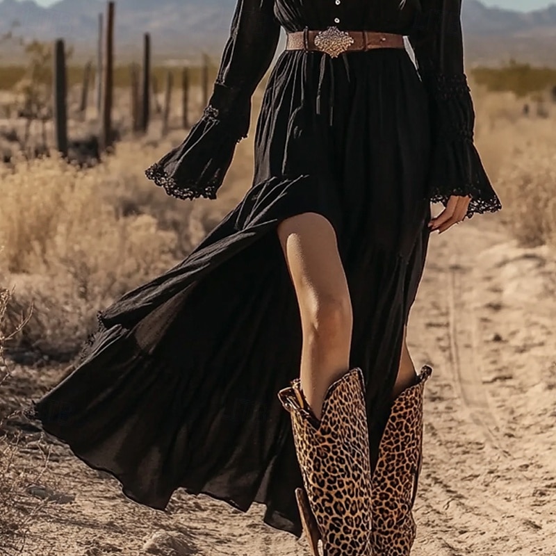 Femmes Robe Midi Robe bohème Robe occidentale Mode Classique Extérieur Quotidien Fête Coupe régulière Uni manche longue Col en V Noir Été de 2025 ? $34.99 –P3