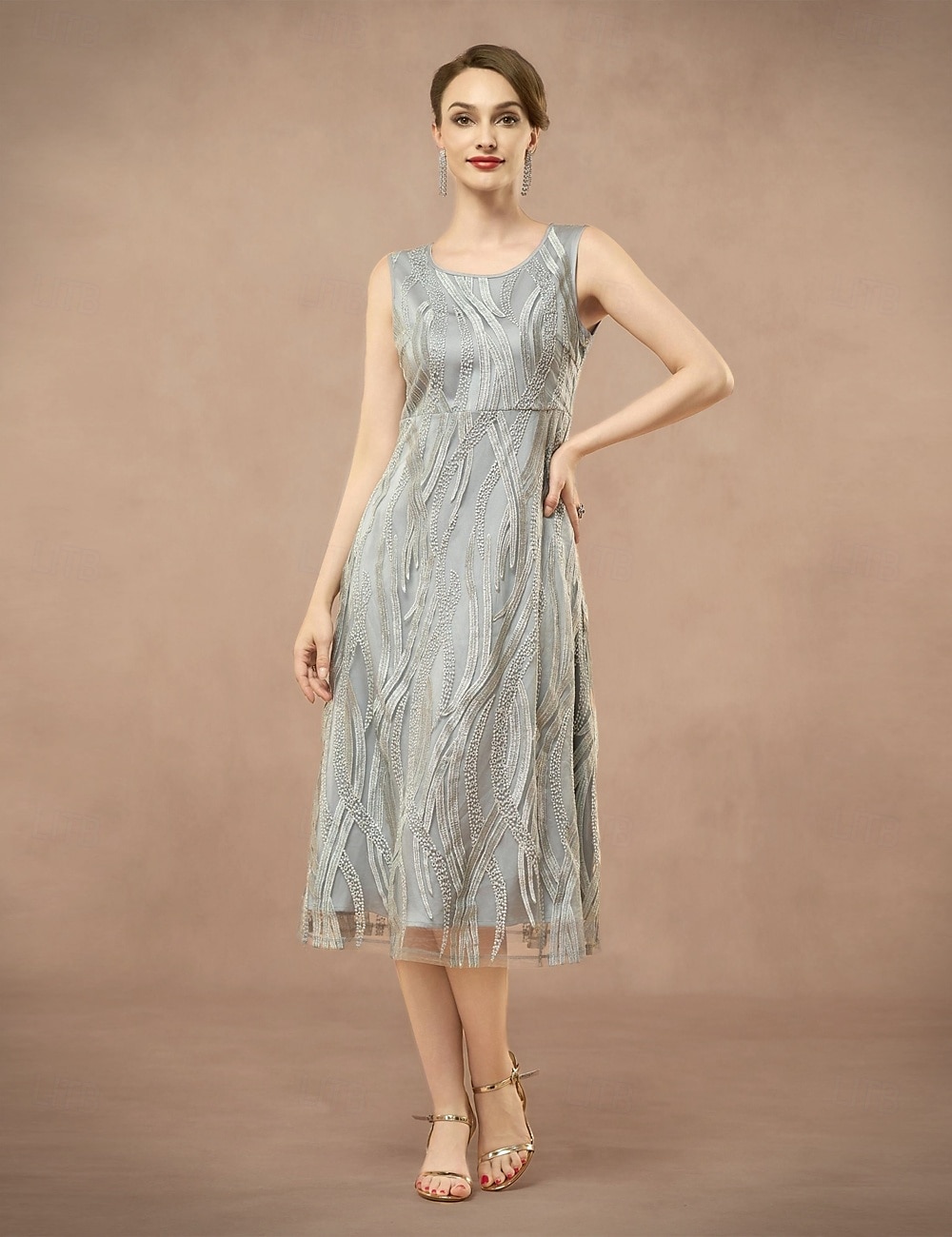 A-Line Mother of the Bride Dress Two Pieces Elegant Jewel Neck Tea Length Lace 3/4 Length Sleeve with Embroidered Lace Applique 2025 2025 - $79.99 –P8