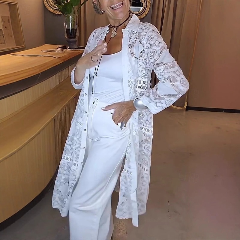 Women's Shirt Lace Shirt Blouse Plain Modern Casual Long Sleeve Shirt Collar Long Tops Daily Holiday Going out Lace White Summer 2025 - $28.99 –P2