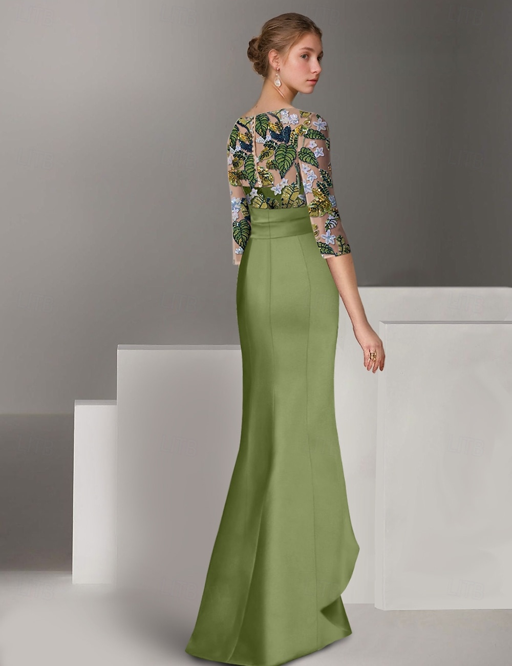 Ruches a Foglia Floreale Colonna Ricamata Abito da Sera Elegante Vestito Formale Nozze Lunghezza Piena Manica Mezza Collo Illusion Satin con del 2025 a $169.99 –P2
