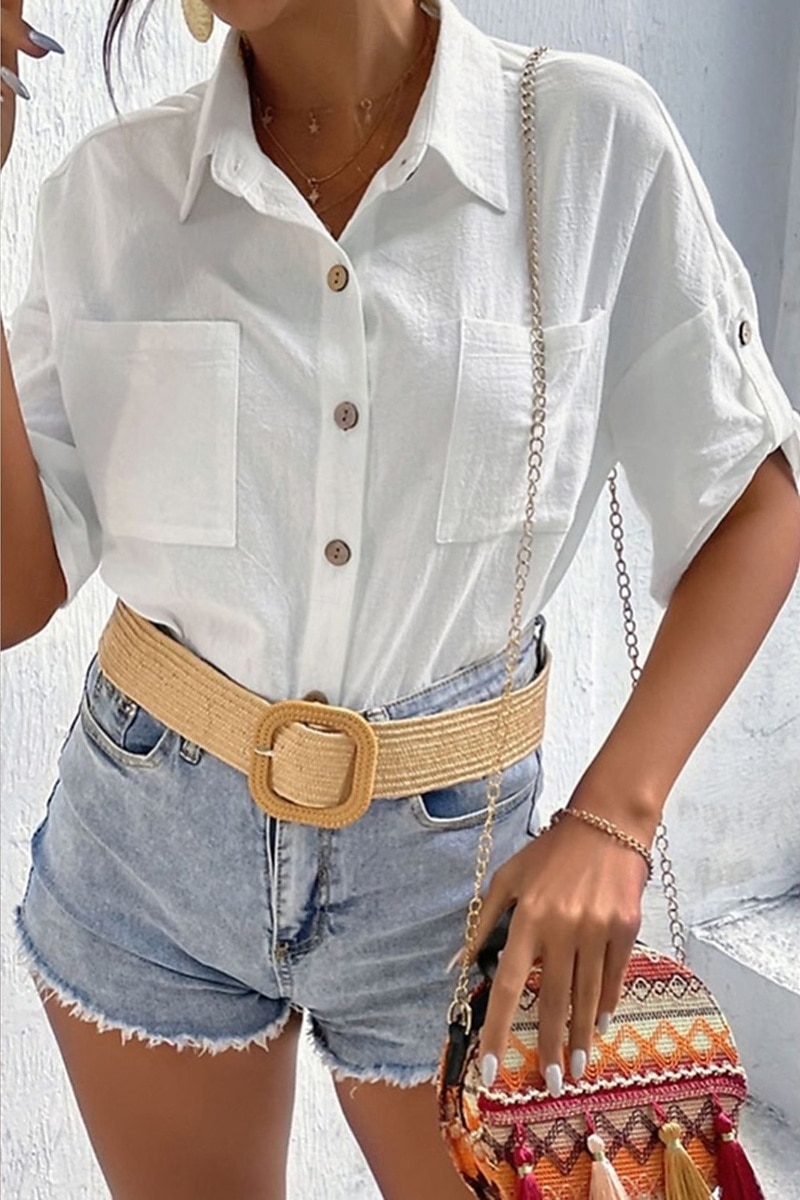 Damen Hemd Baumwoll-Leinen-Hemden Knopfleiste Bluse Einfach Basic Lässig Kurzarm Hemdkragen Normale Oberteile Ferien Ausgehen Knöpfe Tasche Schwarz Weiß Marineblau Khaki Grau Sommer 2025 - $21.99 –P5