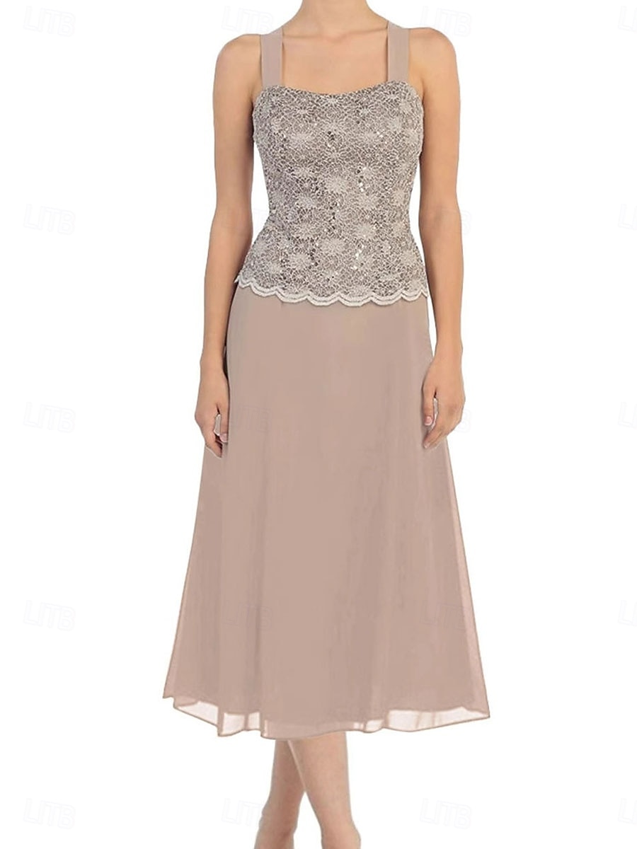 Ensembles de Robes Robe de Mère de Mariée  Élégant Simple Une Épaule Longueur thé Polyester manche longue avec Dentelle Couleur Unie 2025 de 2025 ? $101.99 –P7