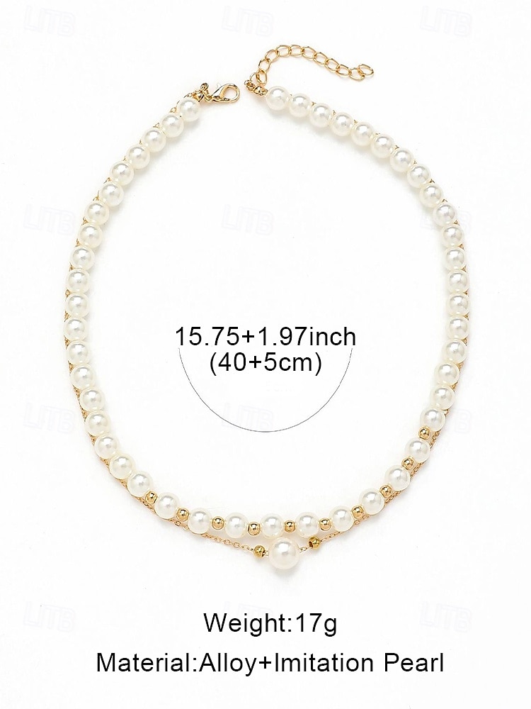 elegant lagerpärlhalsband för kvinnor – guldkedja med vita simulerade pärlor, klassiska vintagesmycken för bröllop, fester och formella evenemang 2025 - $7.99 –P6