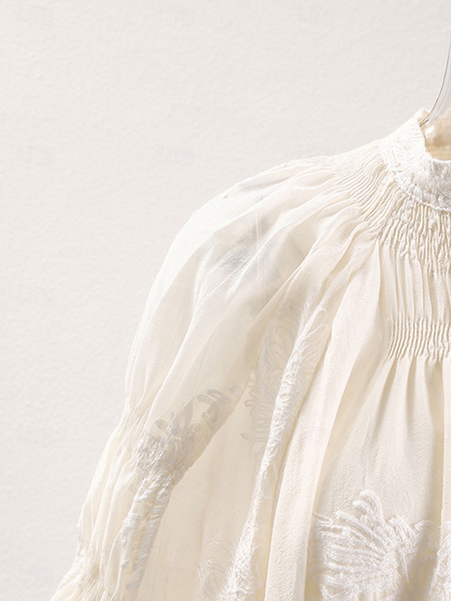 Abito per la madre della sposa elegante vintage semplice scollatura a V lunghezza tea in misto cotone maniche lunghe con ricami abito midi per ospiti di matrimonio del 2025 a $84.99 –P6