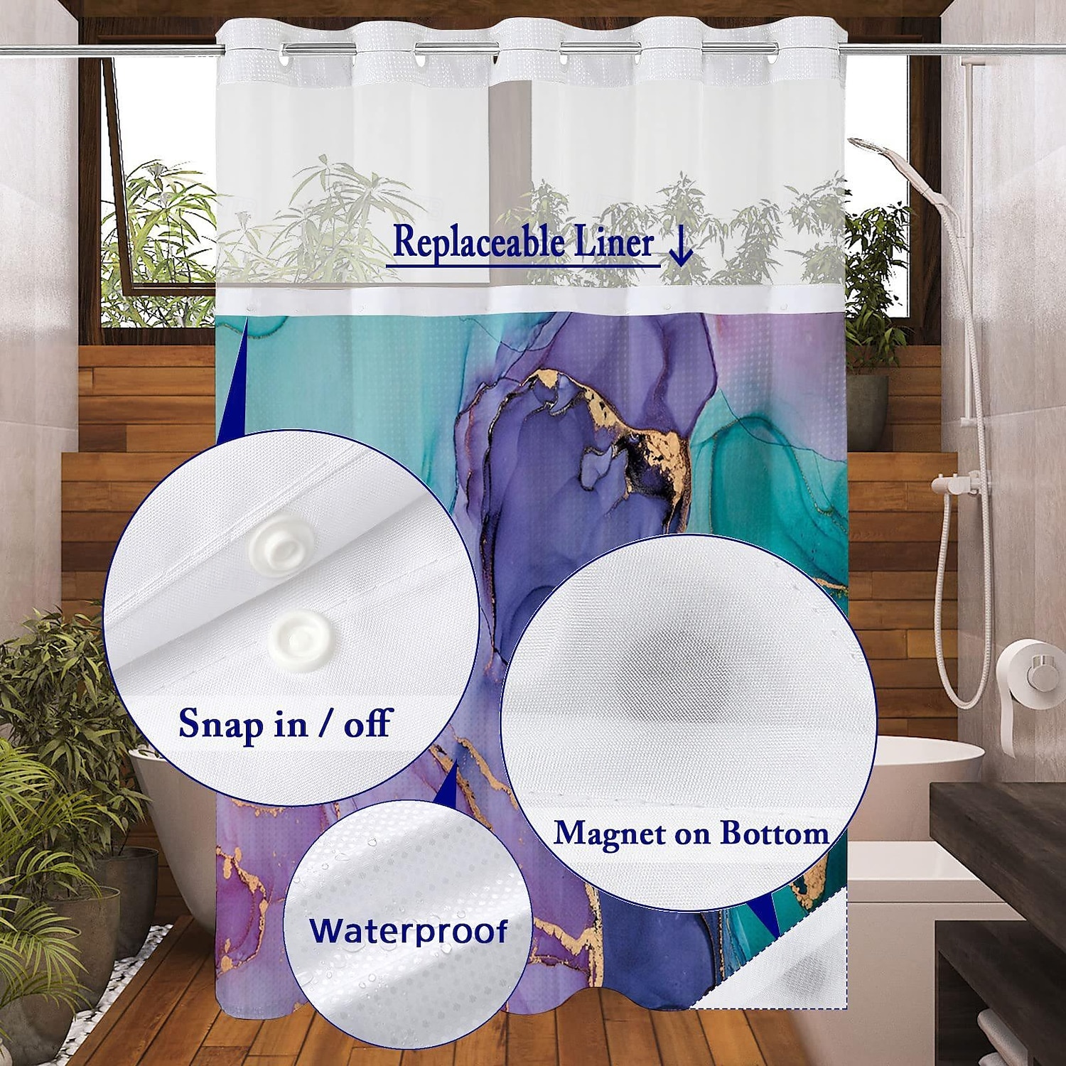 No Hook Shower Curtain 180cm*180cm(70"*70") Leaves Pattern Snap-In Fabric Liner Sheer Top Window Waterproof Double-Layer Bathtub Curtain 2025 - $60.99 –P11