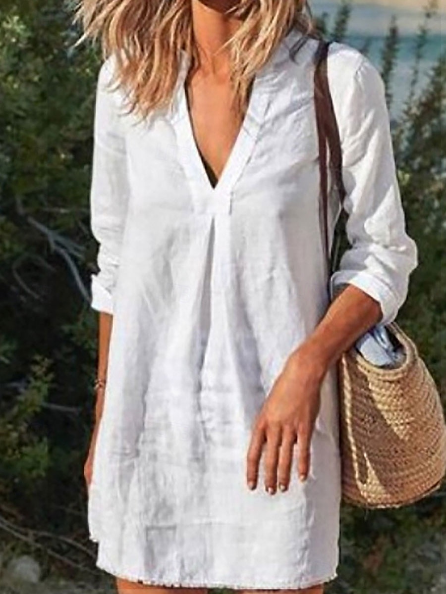 Women's Mini Dress Shift Dress Linen Casual Daily Regular Fit Graphic Long Sleeve V Neck Black White Wine Gray Summer 2025 - $19.99 –P5