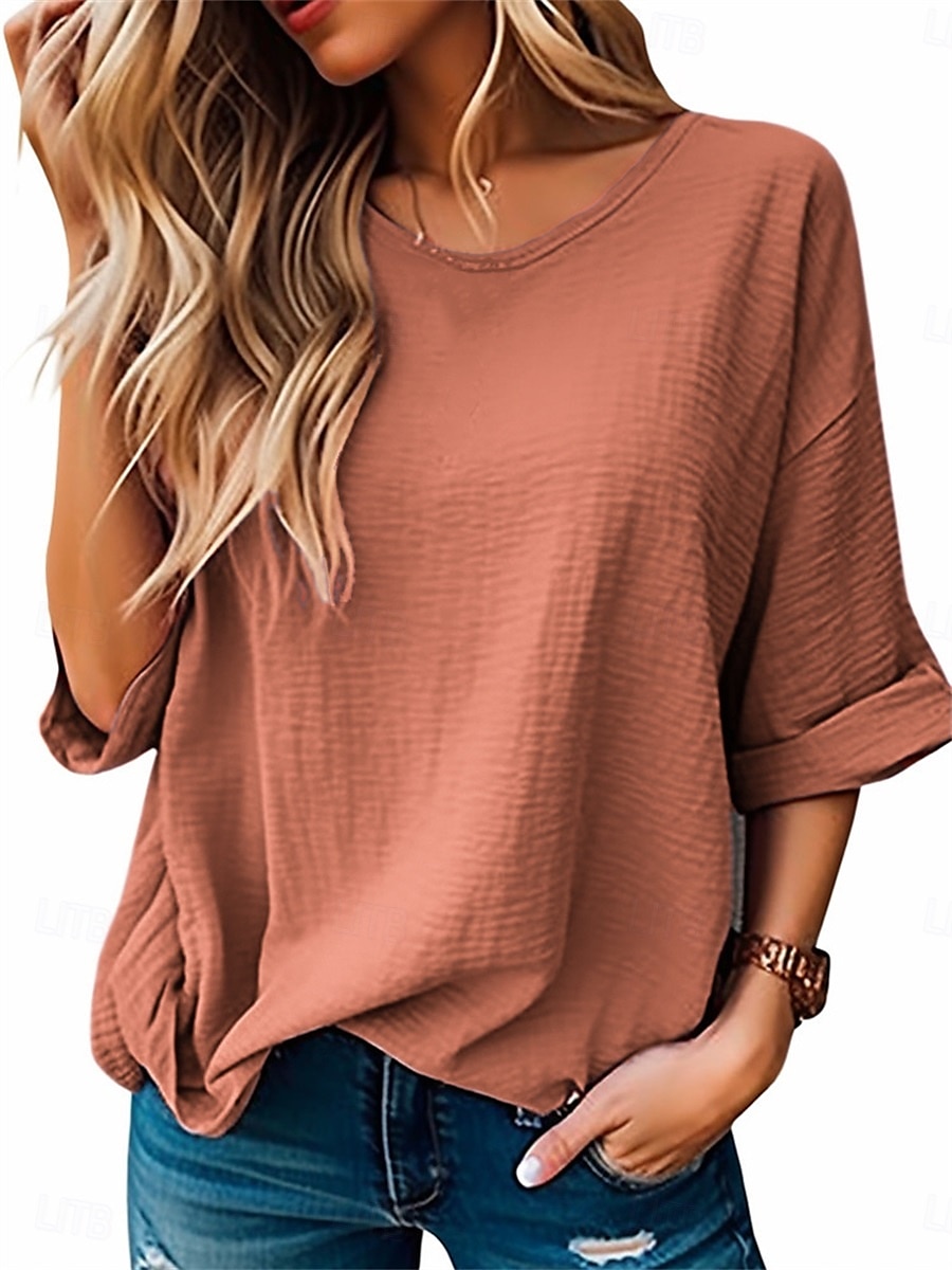 Women's Blouse Solid Color Elegant Daily Stylish Half Sleeve Crew Neck Regular Tops Daily Linen Like Blue Purple Orange Green Summer Spring 2025 - $16.99 –P5