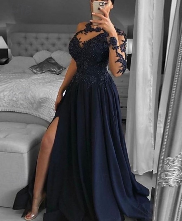 Abito da sera A-Line abito vintage gala black tie chiesa strascico  spazzola lunghe maniche spalla unica crepe elasticizzato schiena a scala con glitter paillettes spacco del 2025 a Kč4169 –P1