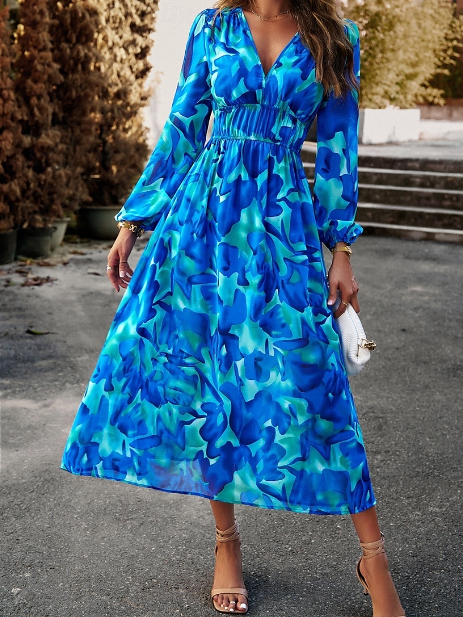 Women's Midi Dress A Line Dress Fit And Flare Dress Puff Sleeve Dress Vacation Casual Vacation Daily Regular Fit Graphic Long Sleeve V Neck Red Blue Green Apricot Summer 2025 - $46.99 –P3