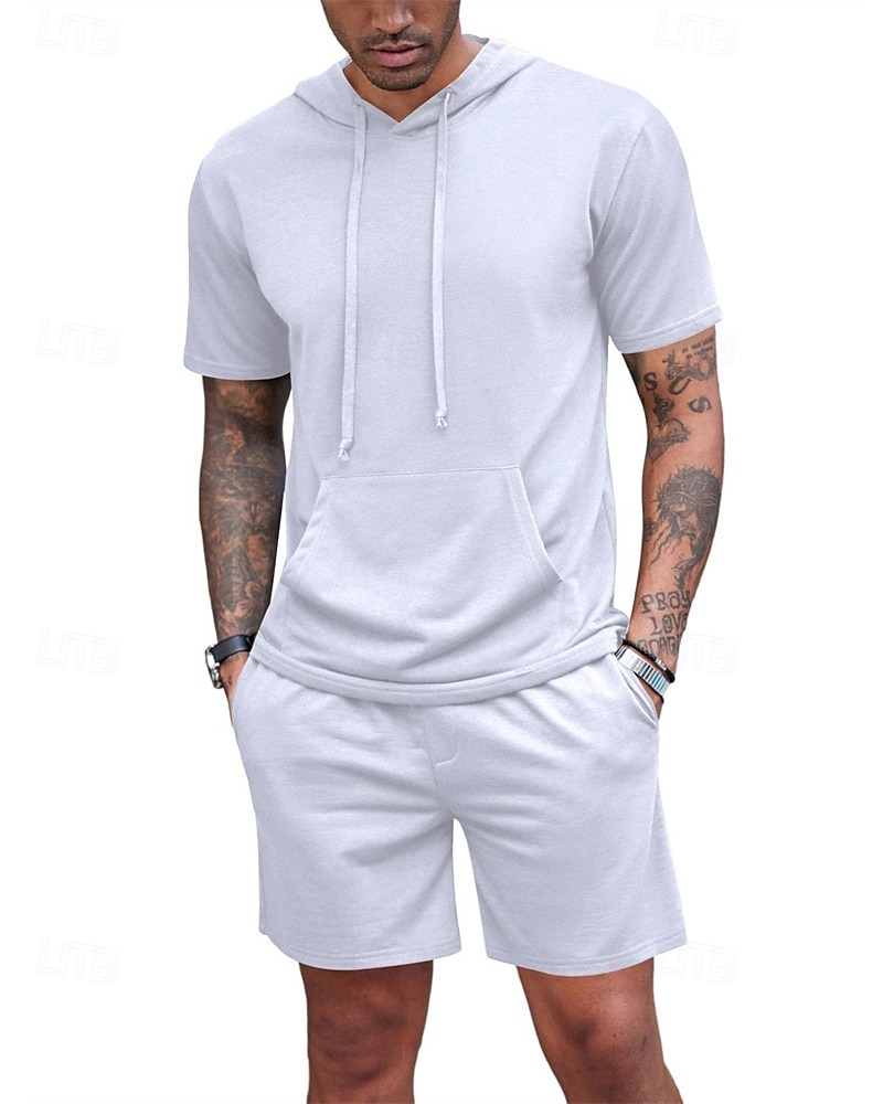 Bărbați Trening Tricou și pantaloni scurți Set de ținute Hanorac cu gluga În aer liber Zilnic Sport Buzunar Cordon Simplu Roșu Vin Negru Alb Poliester Îmbrăcăminte de Sport  Șic Stradă Ușor Vară 2025 - $30.99 -P2