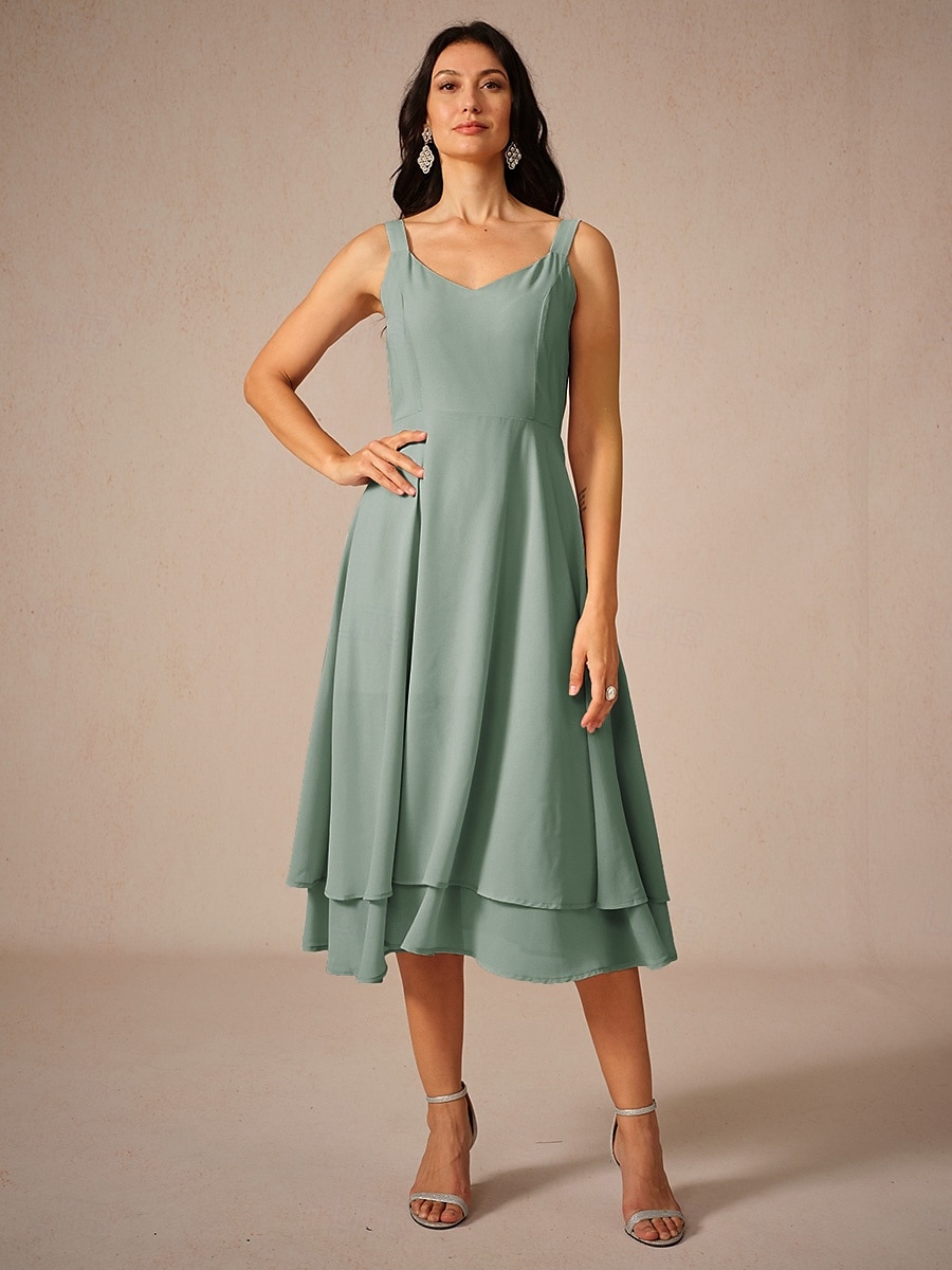 Damen Teelänge Chiffonkleid Elegant Fließend Hochzeitsgast Date Normale Passform Einfarbig Ärmellos Quadrathals Salbeigrün Sommer 2025 - $99.99 –P2