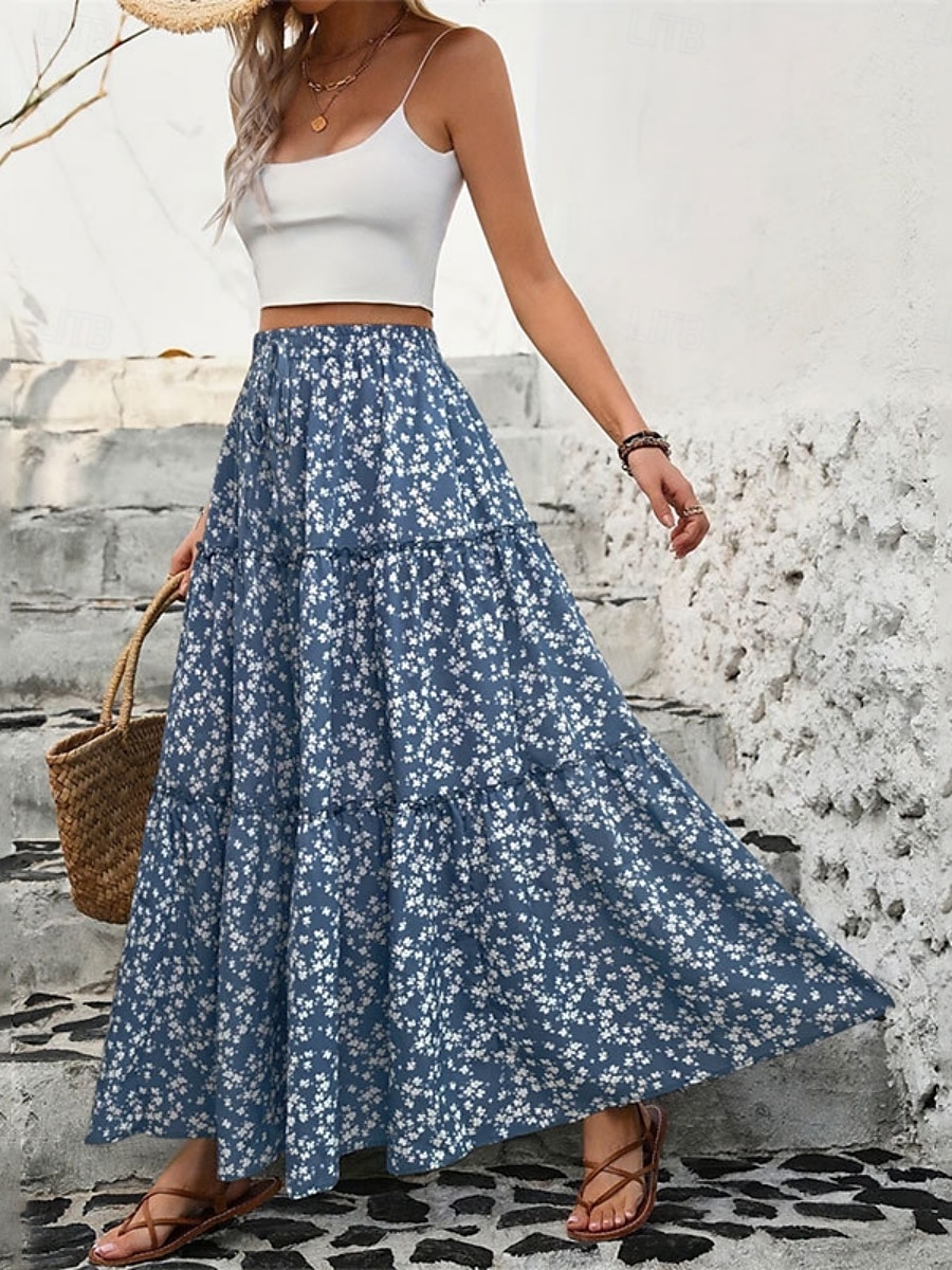Dame الالتفاف Huske Mote Fritid Maksi Høy Midje Skjørt Blomstret Drapering Trykt mønster Mikroelastisk Fritid / hverdag Helg Svart Blå Sommer Polyester 2025 - $21.99 –P2