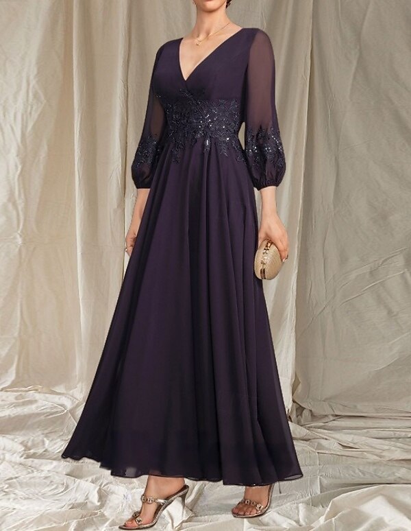 Robe Mère de la Mariée A-Line Invité de Mariage Élégante Col en V Mi-Longue en Chiffon À Manches Longues avec Perles Appliques Robe Midi 2025 de 2025 ? $184.99 –P5
