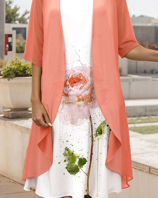 Abito midi donna laurea 2 pezzi completo abito a linea abito estivo vacanza casual floreale grafico stampa plissettata maniche metà scollo rotondo vacanza quotidiana arancione primavera autunno del 2025 a AU $63.79 –P3