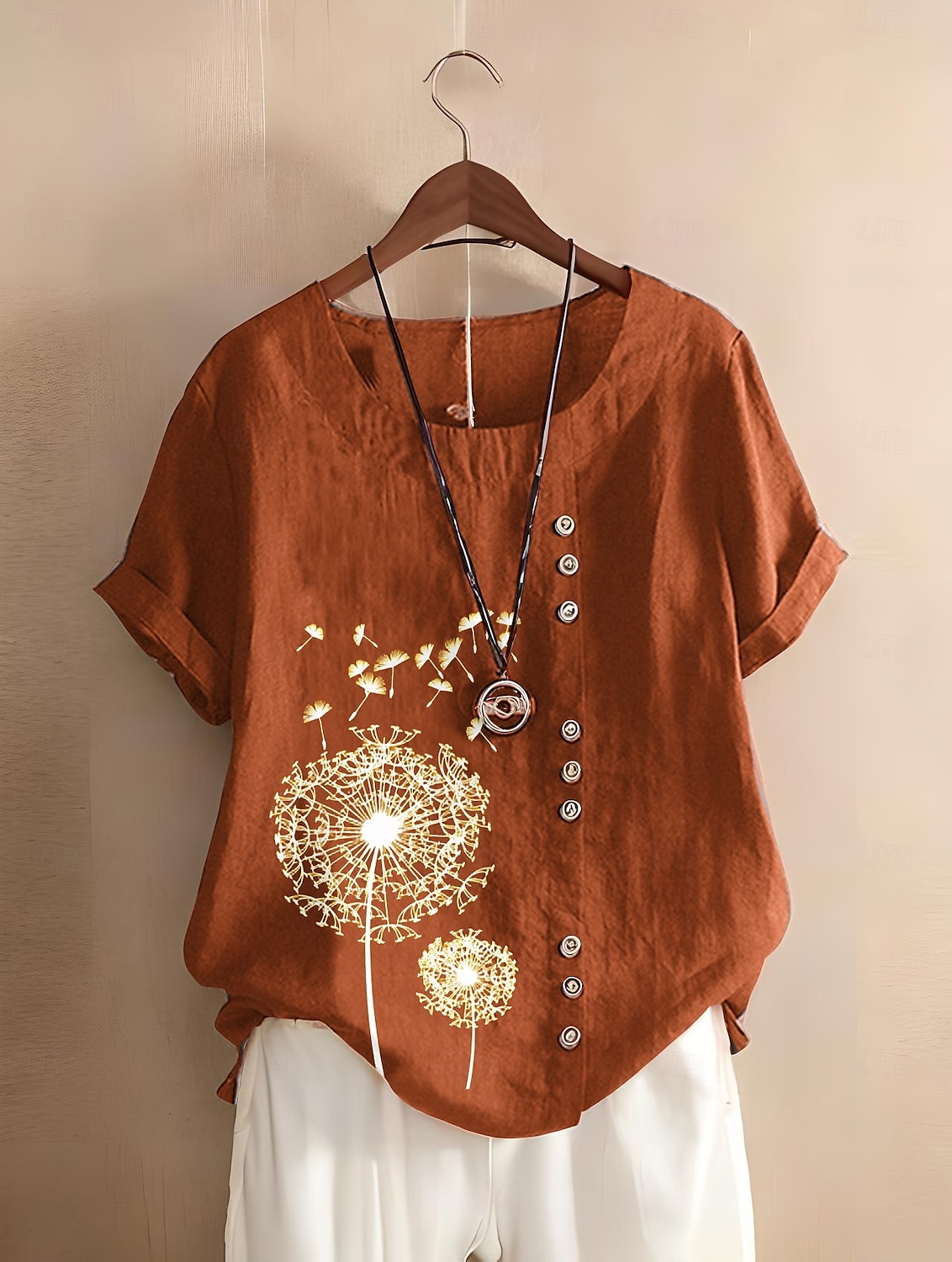 Dames 100% katoenen blouse bloemenprint stijlvol katoen linnen casual korte mouw ronde hals normale tops dagelijks uitgaan knopen print bruin 2025 - $22.99 –P1