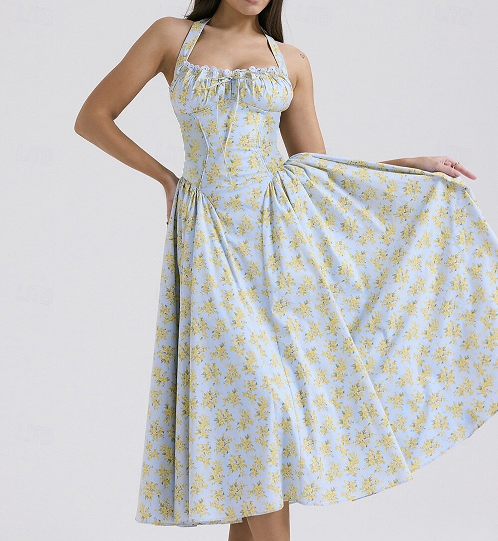 Retro Vintage Medieval Renaissance Midi Dress Flare Dress Ren Faire Halter Regency Inspired Floral Women's Masquerade Wedding Vacation Casual Daily Adults' Dress Summer 2025 - $32.99 –P18