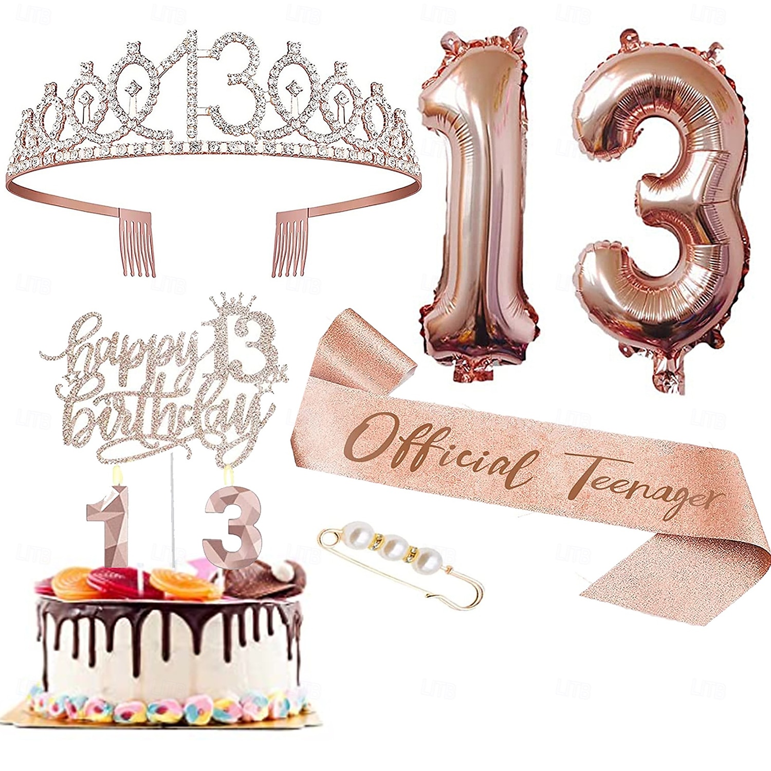 set deluxe da 6 pezzi per festa di compleanno in oro rosa - numeri di palloncini (10-80), tiara, fascia, candeline per torta, cake topper - per bambine & donne del 2025 a $13.99 –P7