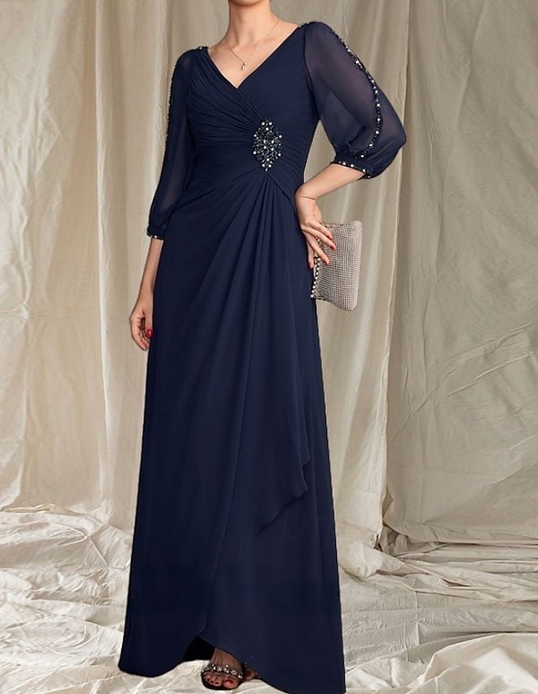 Linea ad A Abito da cerimonia per signora Ospite di nozze Elegante Scollo a V Lunghezza al pavimento Chiffon Manica 3/4 con Perline Arricciatura 2025 del 2025 a $195.99 –P3