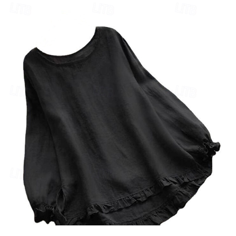 Women's Blouse Cotton Linen Shirts Plain Basic Modern Long Sleeve Square Neck Regular Tops Daily Holiday Going out Ruffle Black White Pink Army Green Navy Blue Summer 2025 - $22.99 –P13