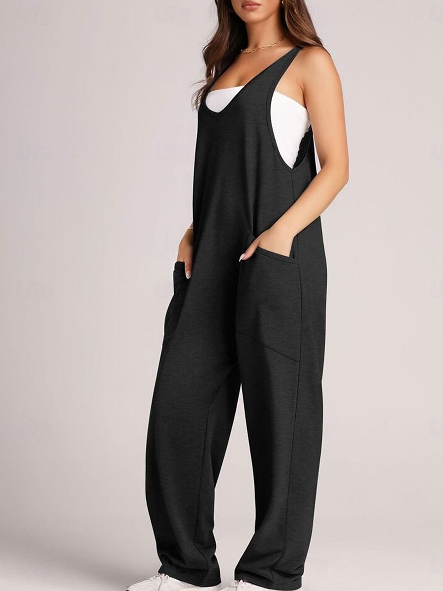 Kvinne Jumpsuit Aktiv Solid Farge Uten Ermer V-Hals Lomme Ferie Daglig Regulær Passform Svart Rosa Armégrønn Sommer 2025 - $28.99 –P7
