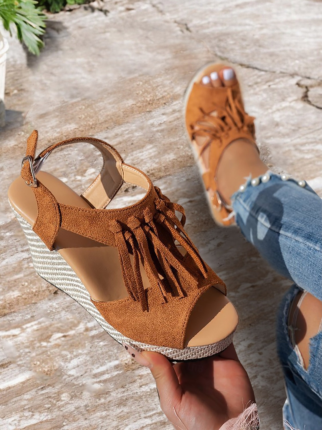 női rojtos ékszandál – boho peep toe platformsarkú cipő nyári tengerparti nyaraláshoz, elegáns alkalmi ruhák és fesztiválruházat 2025 - $26.99 –P3