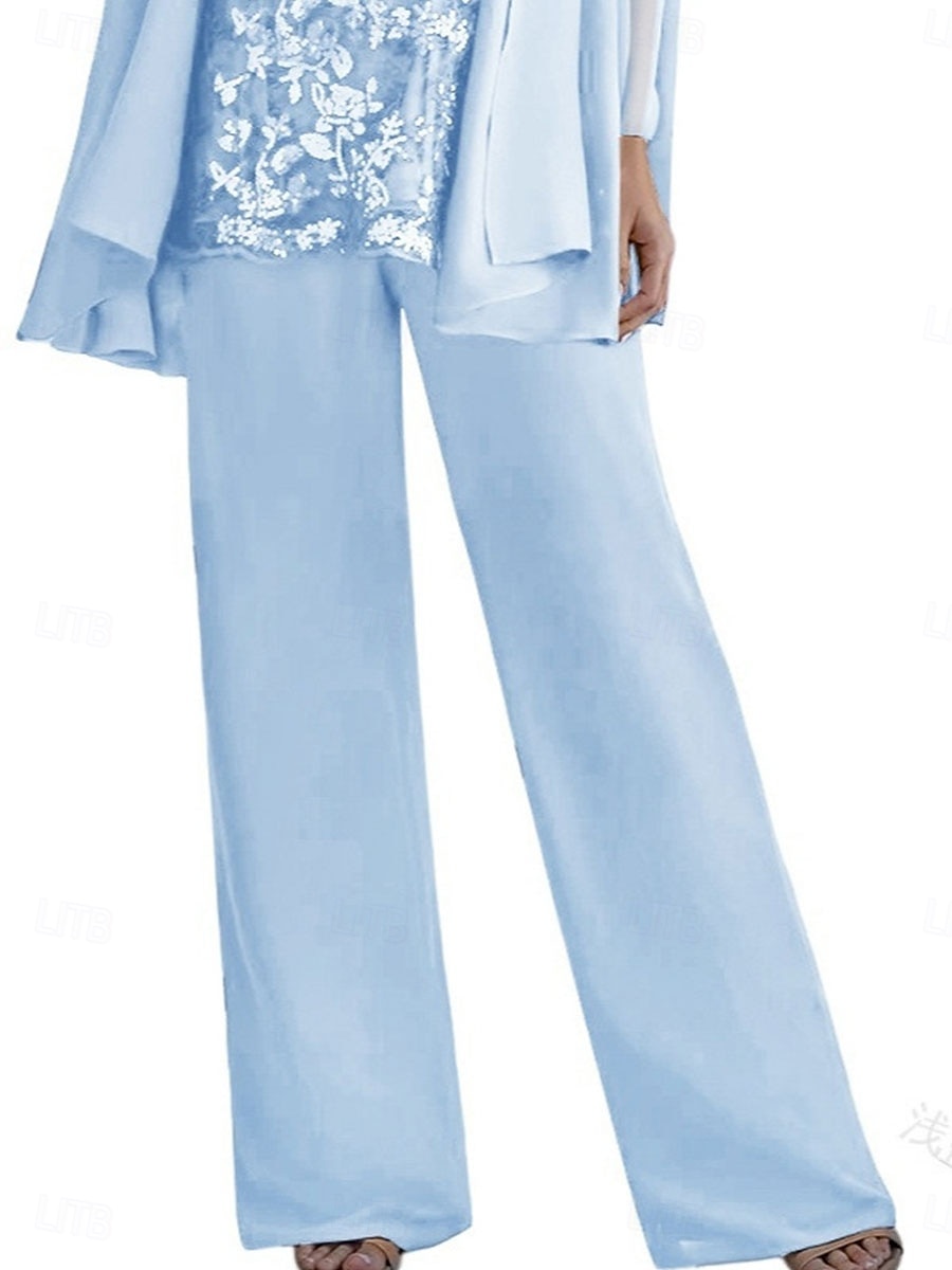Dreiteilig Hosenanzug Brautmutterkleid Elegant Rundhalsausschnitt Bodenlang Polyester Langarm mit Perlenstickerei 2025 2025 - $99.99 –P2