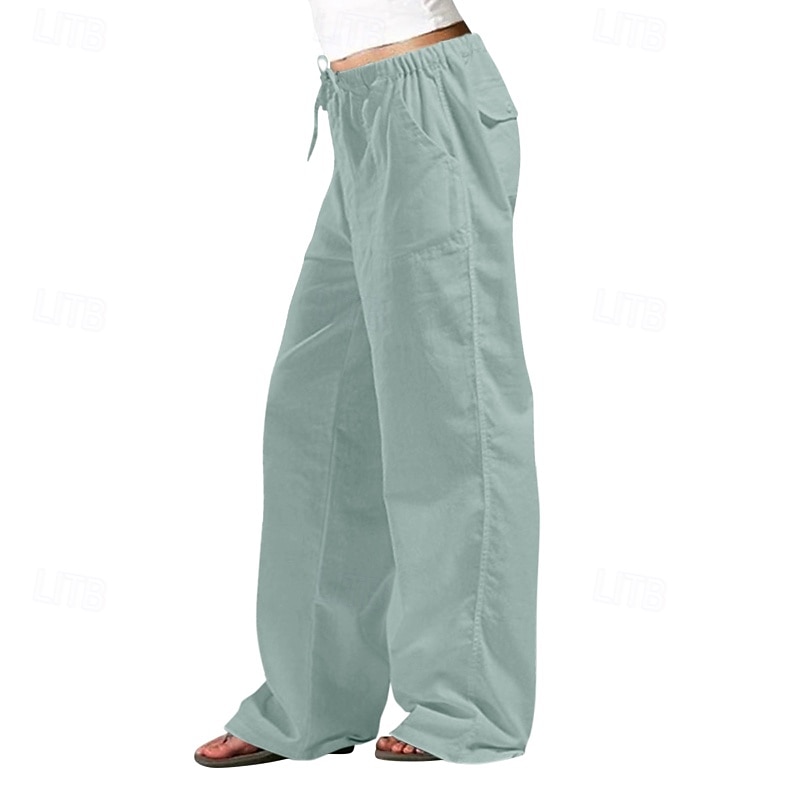 Women's Cotton Linen Pants Slacks Streetwear Casual Full Length Natural Plain Pocket Elastic Drawstring Design Outdoor Comfortable Daily Wear Going out Depression Green Dark Brown Light Sky Blue Navy 2025 - $23.99 –P11