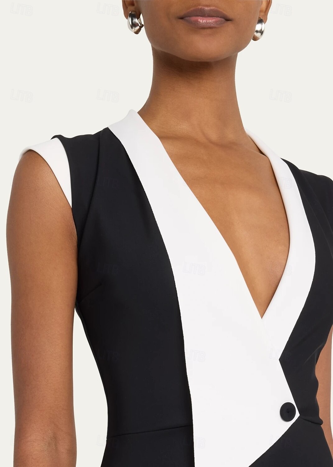 Bezrukávový tuxedo černé šaty matky nevěsty elegantní košilový límec čajové délky elastické tkaniny s blokováním barev midi šaty 2025 2025 - $129.99 –P2
