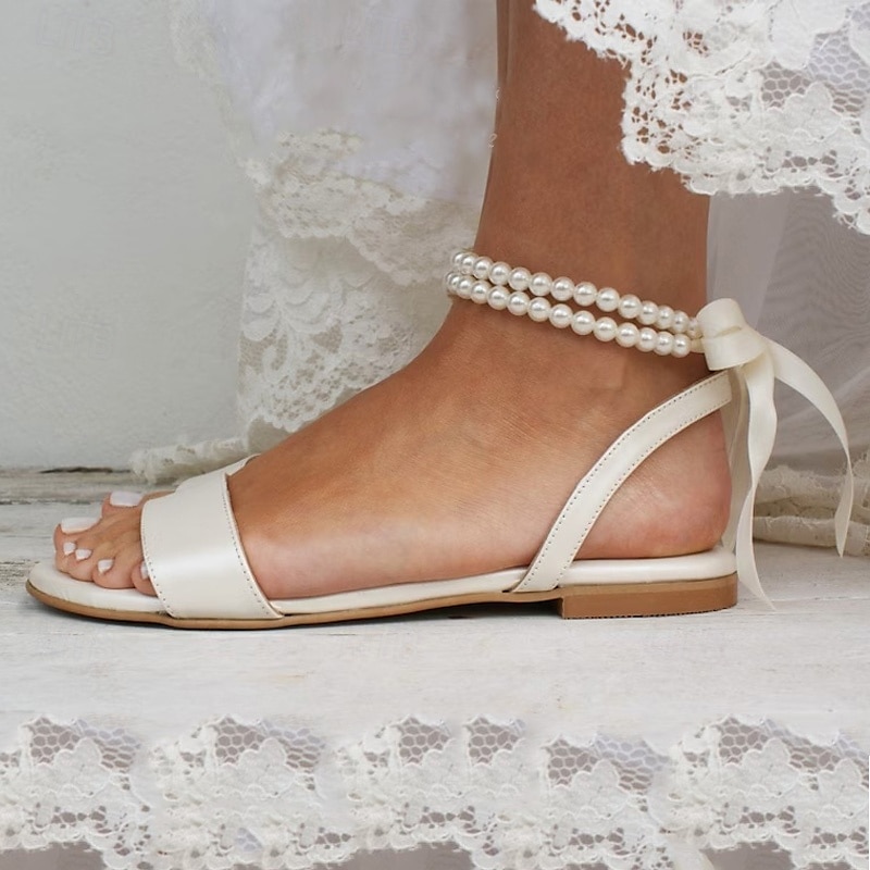 hvite flate sandaler for kvinner – ankelstropp med perlebånd med bånd, elegante brudesko til bryllup og spesielle anledninger 2025 - $42.99 –P3