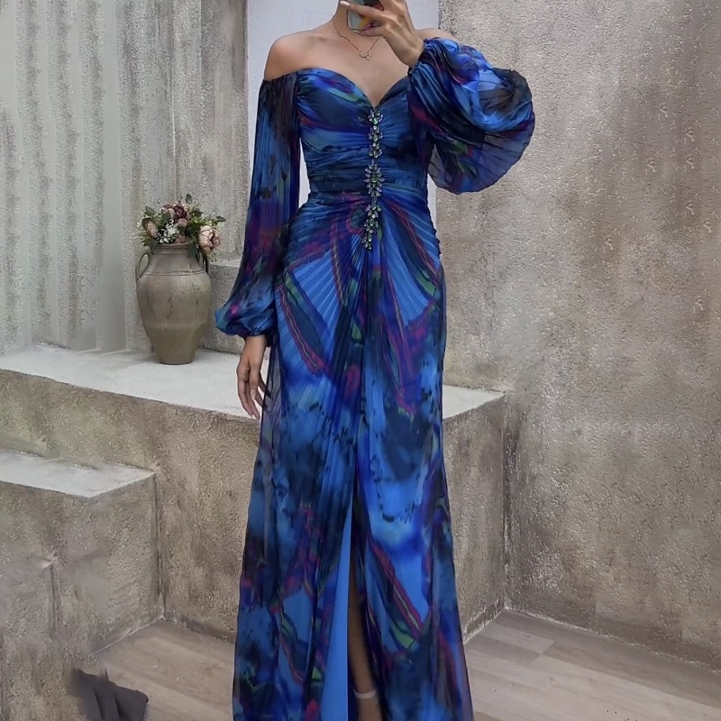Femme robe longue robe soirée Robe froncée Mode Soirée Standard Fleur manche longue Col V Jaune Vin Bleu Vert Eté de 2025 ? $30.99 –P7