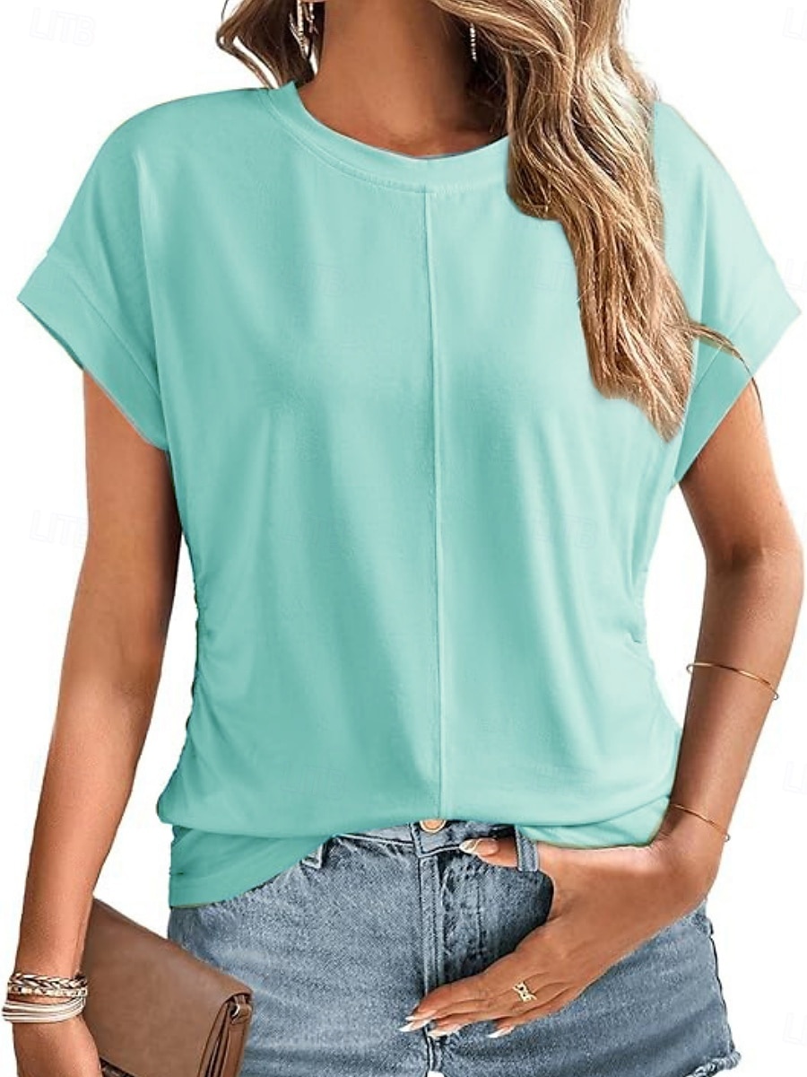 T Shirt Femme Uni Élégant Décontracté Manches Courtes Col Ronde Tops Réguliers Quotidien Noir Blanc Vert Armée Vert Gris Été de 2025 ? $19.99 –P4