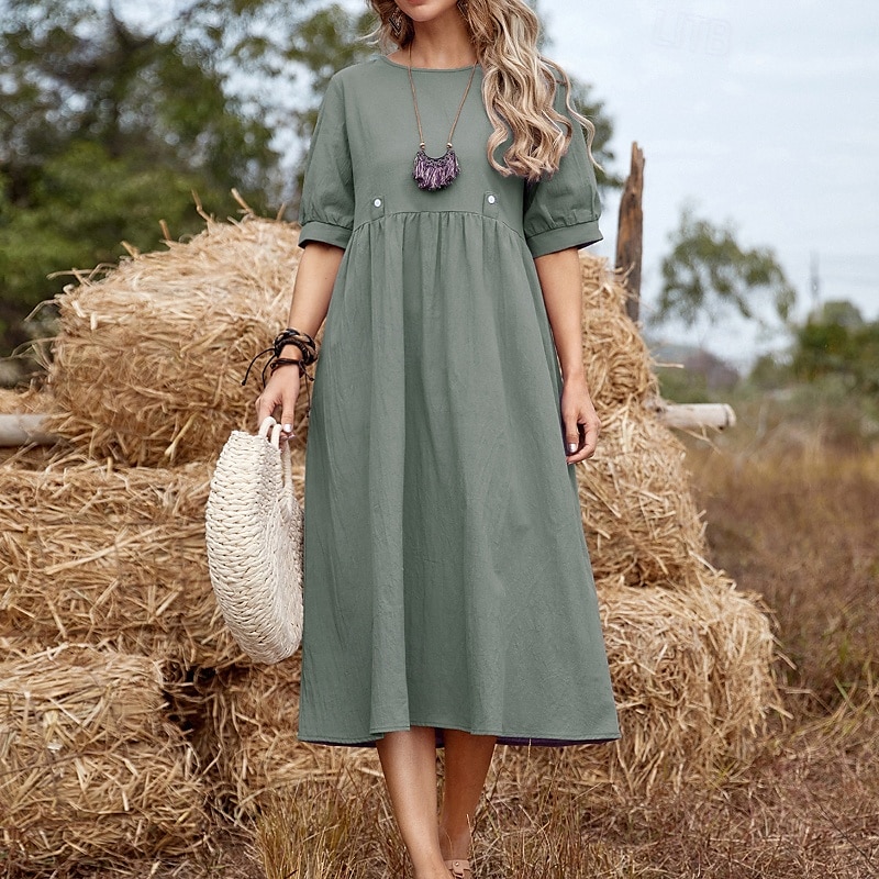 Femmes Robe Midi Robes inspirées du lin Robe Décontractée Robe en coton et lin Mode Basique Extérieur Quotidien Fête Coupe régulière Uni Manche Courte Col ras du cou Vert Claire Vert Véronèse Violet de 2025 ? $28.99 –P3