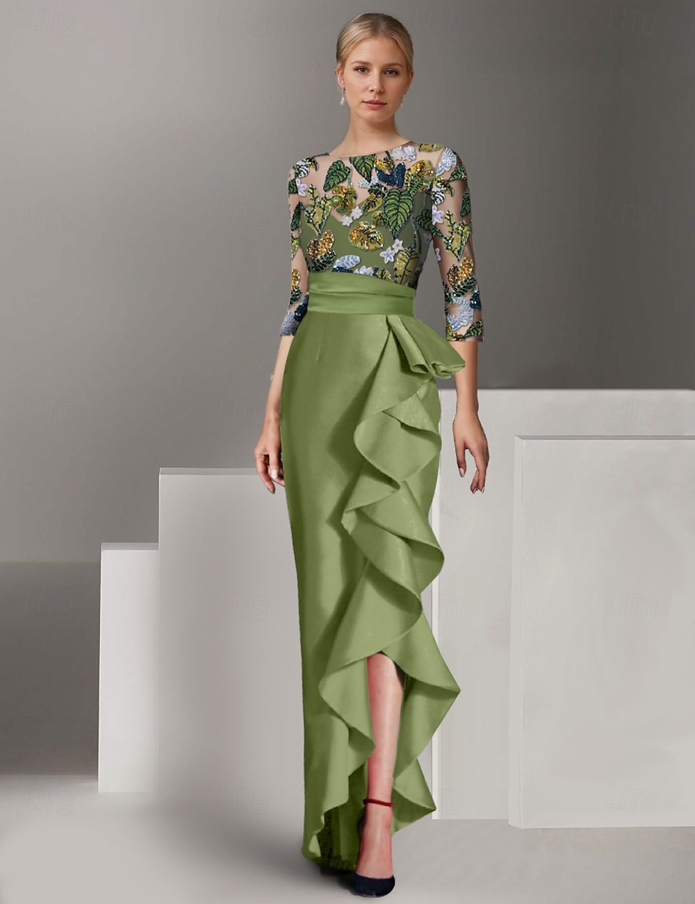 Ruches a Foglia Floreale Colonna Ricamata Abito da Sera Elegante Vestito Formale Nozze Lunghezza Piena Manica Mezza Collo Illusion Satin con del 2025 a $169.99 –P1