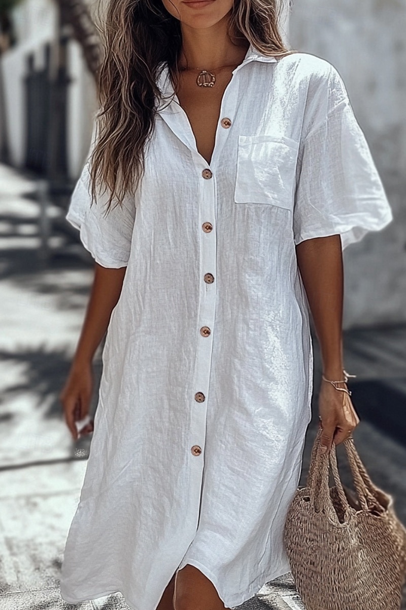 Mujer Camisa Algodón Compuesto Abotonar Blusa Bolsillo Botones Plano Básico Moderno Casual Manga Corta Cuello Camisero Tops largos Diario Festivos Noche Blanco Amarillo Azul claro Verano 2026 - $28.99 –P3