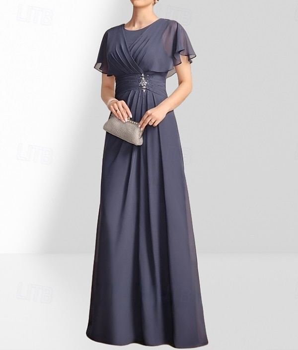 A-linje Mor til bruden Kjole Bryllupsgjester Elegant Crew Hals Gulvlengde Chiffon Korte Ermer med Pynt Rynking 2025 - $180.99 –P1