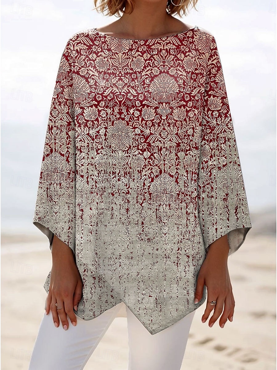 Dame Bluse Blomstret Grafisk Stilfull Strandstil 3/4 ermer Crew-hals Vanlige topper Daglig Trykt mønster Rød Blå Grønn Vår Høst 2025 - $24.99 –P3