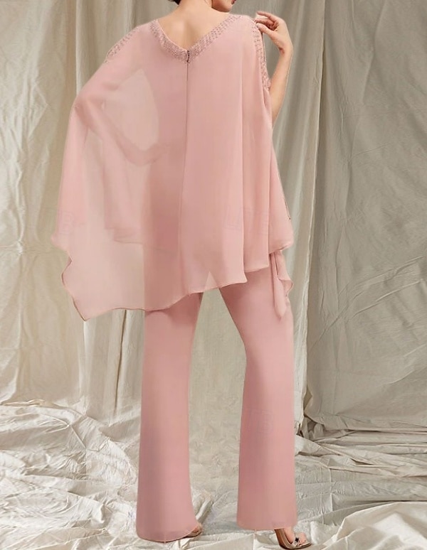 Macacão  Vestido de Calça Mãe da Noiva Vestido Convidada de Casamento Elegante Decote em V Comprimento do Chão Chiffon Manga Longa com Aplicações de 2025 por $147.99 –P2