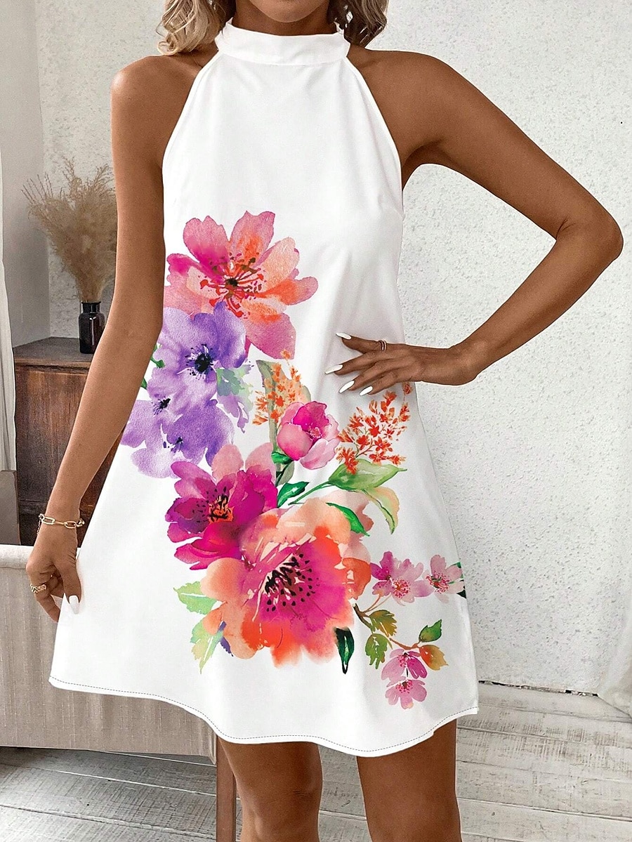 Dam Mini klänning Solklänning Grimma klänning Off Shoulder Klänning Semester Ledigt Dagligen Normal Blommig Grafisk Ärmlös Halterneck Rubinrött Sommar 2025 - $31.99 –P2