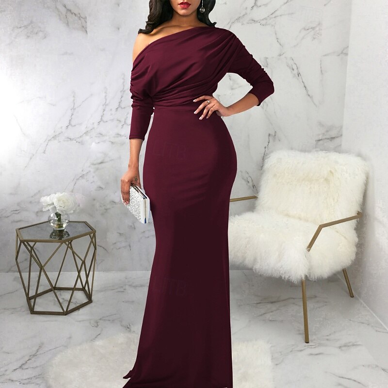 Pentru femei Rochie Lunga Rochie Maxi Rochie de bal Rochie de petrecere Elegant Modă Petrecere Ieșire Fit regulat Simplu Manșon Lung Pe Umăr Negru Alb Roșu Vin Vară 2025 - $27.99 –P5
