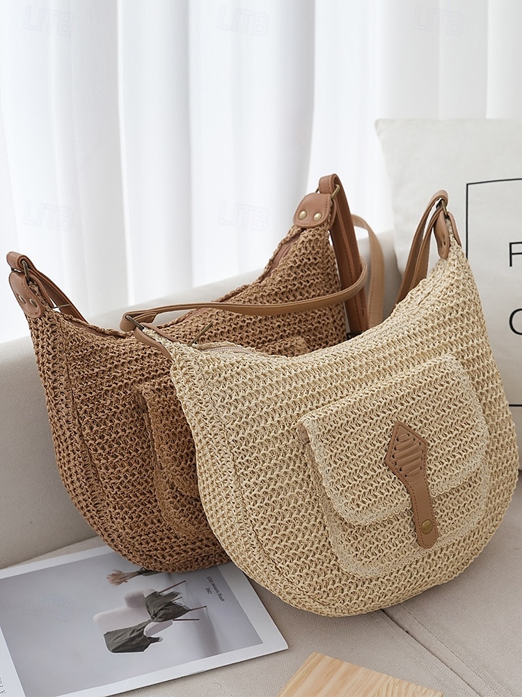 női nagy kapacitású, kézzel készített szalmából készült nyeregtáska válltáska - bohém crossbody táska elülső zsebbel, nyári strandtáska, alkalmi utazótáska nyaraláshoz, vásárláshoz és mindennapi használatra 2025 - $19.99 –P5